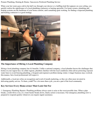 Pioneer Plumbing & Heating Inc, Vancouvers Favored Plumbing Contractor