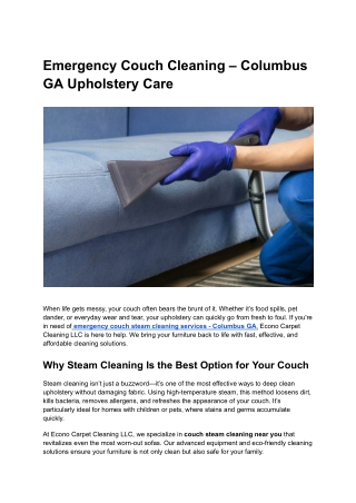 Emergency Couch Cleaning – Columbus GA Upholstery Care