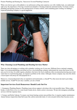 Pioneer Plumbing, Heating and Drain Service, Vancouvers Preferred Plumbing Speci
