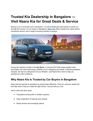 Trusted Kia Dealership in Bangalore — Visit Naara Kia for Great Deals & Service
