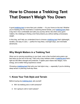 How to Choose a Trekking Tent That Doesn’t Weigh You Down