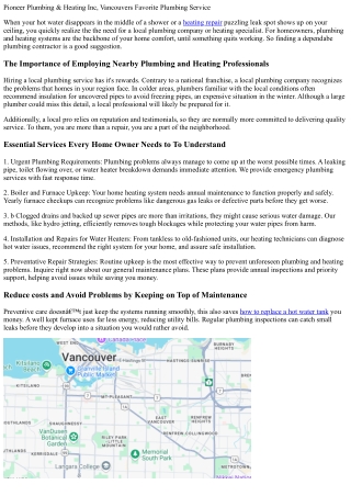 Pioneer Plumbing, Heating and Drains, Vancouvers Favored Plumbing Service