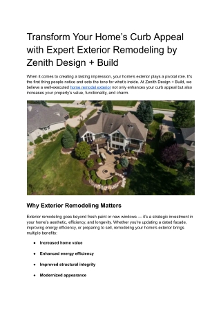 Transform Your Home’s Curb Appeal with Expert Exterior Remodeling by Zenith Design   Build