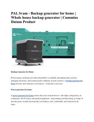 PAL Svam - Backup generator for home | Whole house backup generator | Cummins Da