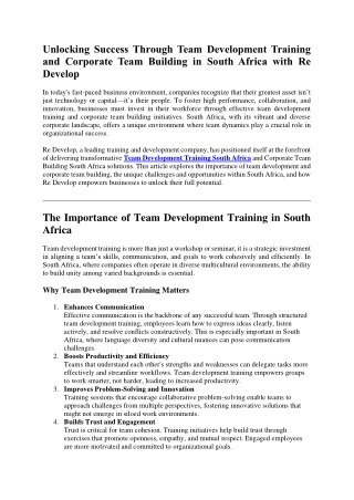 Unlocking Success Through Team Development Training and Corporate Team Building in South Africa with Re Develop