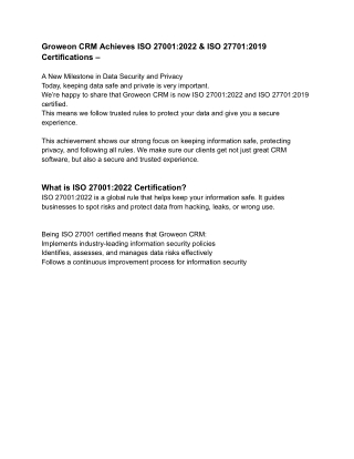 Groweon CRM Achieves ISO 27001:2022 & ISO 27701:2019 Certifications