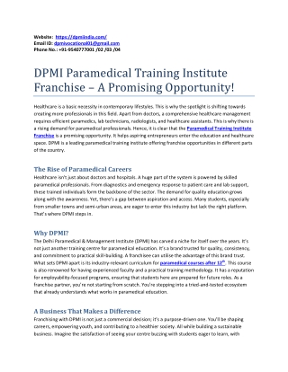 DPMI Paramedical Training Institute Franchise – A Promising Opportunity!