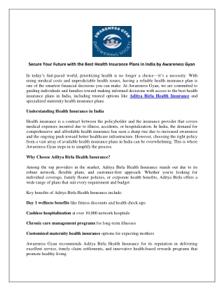 Secure Your Future with the Best Health Insurance Plans in India by Awareness Gyan