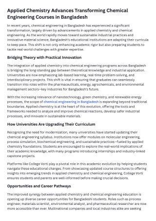 Applied Chemistry Advances Transforming Chemical Engineering Courses in Bangladesh