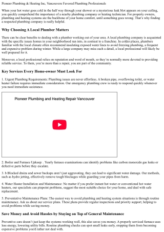 Pioneer Plumbing, Heating and Drain Service, Vancouvers Best Plumbing Service