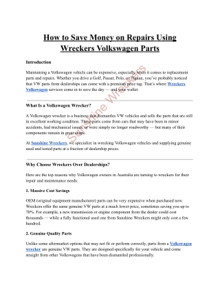 Save Money on Repairs Using Wreckers Volkswagen Parts