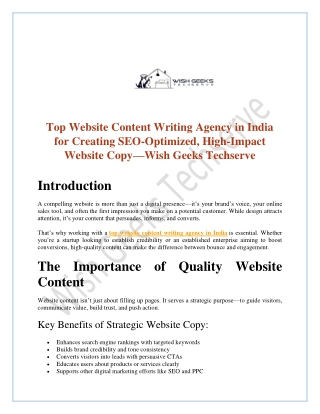 Top Website Content Writing Agency in India for Creating SEO-Optimized, High-Impact Website Copy—Wish Geeks Techserve
