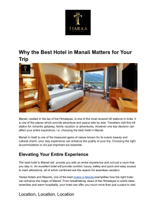 Why the Best Hotel in Manali Matters for Your Trip