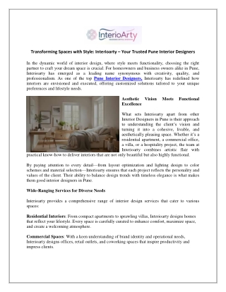Transforming Spaces with Style Interioarty Your Trusted Pune Interior Designers