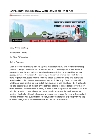 Car Rental in Lucknow with Driver  Rs 9 KM