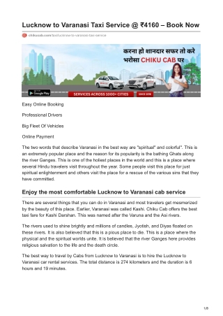 Lucknow to Varanasi Taxi Service  4160  Book Now