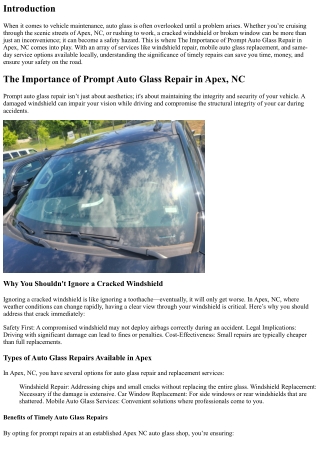 **The Importance of Prompt Auto Glass Repair in Apex, NC**