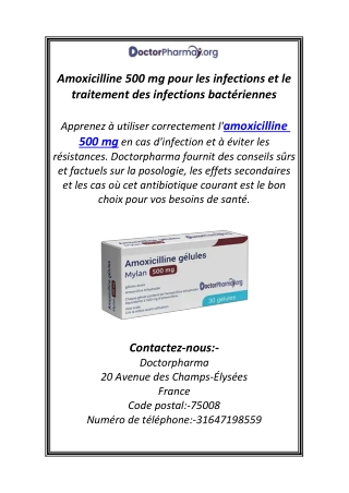 Amoxicilline 500 mg pour les infections et le traitement des infections bactérie