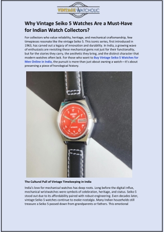 Why Vintage Seiko 5 Watches Are a Must-Have for Indian Watch Collectors?
