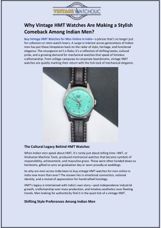 Why Vintage HMT Watches Are Making a Stylish Comeback Among Indian Men?