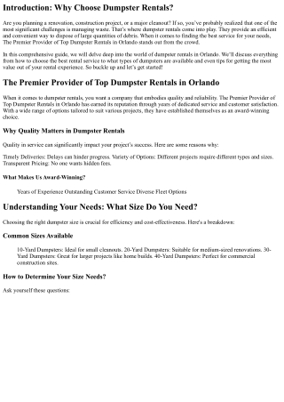 The Premier Provider of Top Dumpster Rentals in Orlando