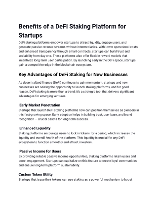 Key Benefits of DeFi Staking Platforms for Startups