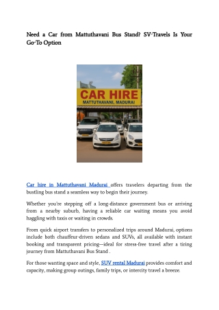 need a car from mattuthavani bus stand sv travels