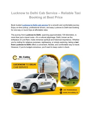 Lucknow to Delhi Cab Service by Mr. Cabby – Easy & Affordable Taxi Booking