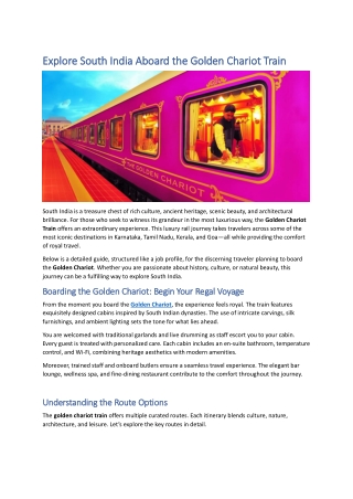 Explore South India Aboard the Golden Chariot Train