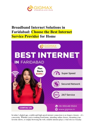 Broadband Internet Solutions in Faridabad Choose the Best Internet Service Provider for Home