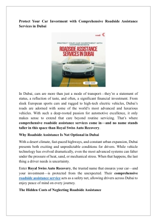 Protect Your Car Investment with Comprehensive Roadside Assistance Services in Dubai