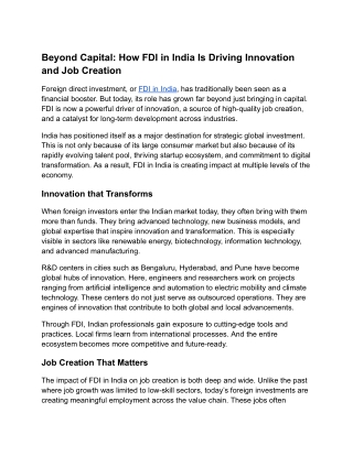 Beyond Capital: How FDI in India Is Driving Innovation and Job Creation