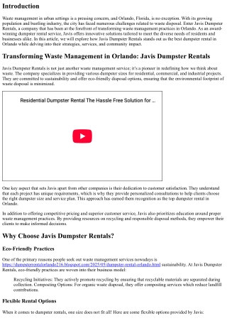 Transforming Waste Management in Orlando: Javis Dumpster Rentals