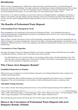 Discover the Convenience of Professional Waste Disposal with Javis Dumpster Rent