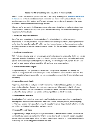 Top 10 Benefits of Installing Home Insulation in Perth’s Climate