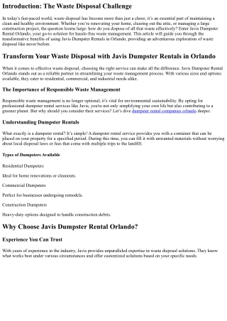 Transform Your Waste Disposal with Javis Dumpster Rentals in Orlando