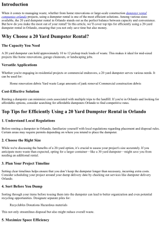 Top Tips for Efficiently Using a 20 Yard Dumpster Rental in Orlando