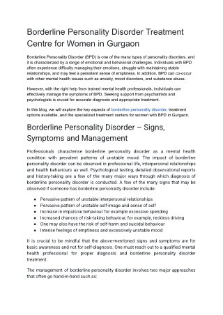 Borderline Personality Disorder Treatment Centre for Women in Gurgaon