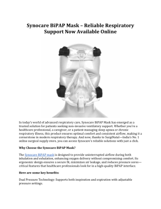 Synocare BiPAP Mask – Reliable Respiratory Support Now Available Online