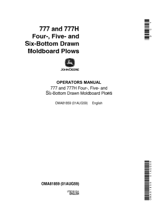 John Deere 777 and 777H Four- Five-and Six-Bottom Drawn Moldboard Plows Operator’s Manual Instant Download (Publication