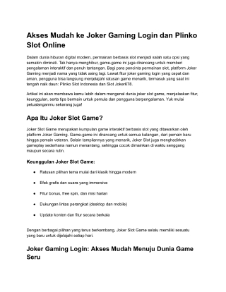 Akses Mudah ke Joker Gaming Login dan Plinko Slot Online