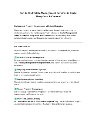 End-to-End Estate Management Services in Kochi, Bangalore & Chennai