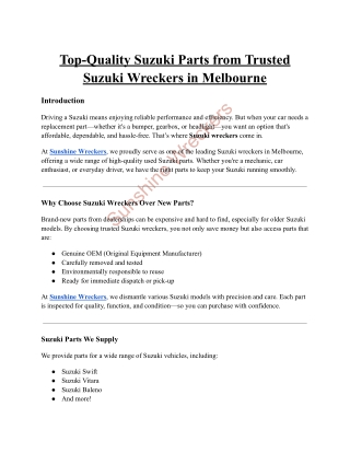 Top-Quality Suzuki Parts from Trusted Suzuki Wreckers in Melbourne