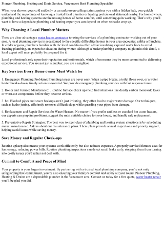 Pioneer Plumbing & Heating Inc, Vancouvers Favored Plumbing Specialist
