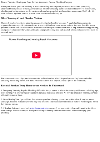 Pioneer Plumbing, Heating & Drains, Vancouvers Preferred Plumbing Specialist