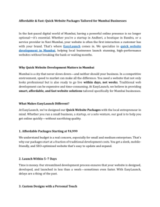 Affordable & Fast Quick Website Packages Tailored for Mumbai Businesses