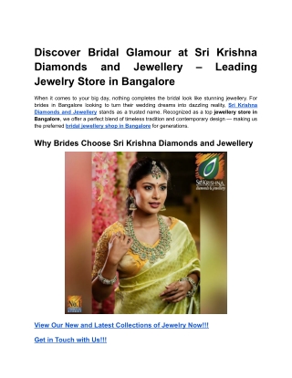 Discover Bridal Glamour at Sri Krishna Diamonds and Jewellery – Leading Jewelry Store in Bangalore