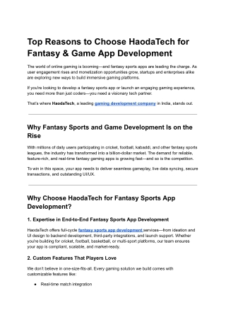 Top Reasons to Choose HaodaTech for Fantasy & Game App Development