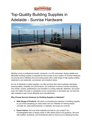 Top-Quality Building Supplies in Adelaide - Sunrise Hardware
