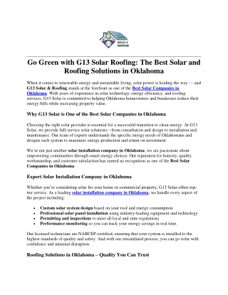 Go Green with G13 Solar Roofing The Best Solar and Roofing Solutions in Oklahoma